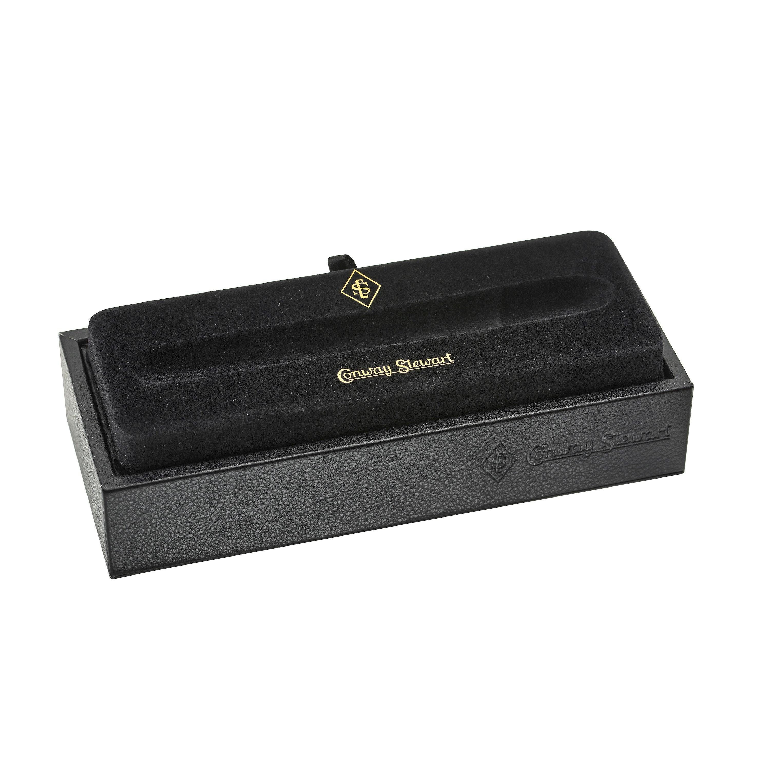 Conway Stewart pen presentation box, black case with gold branding, shown closed
