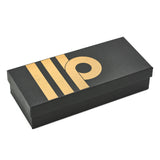 Closed black presentation box for the Series 100 Commander pen, gold graphic design on the lid