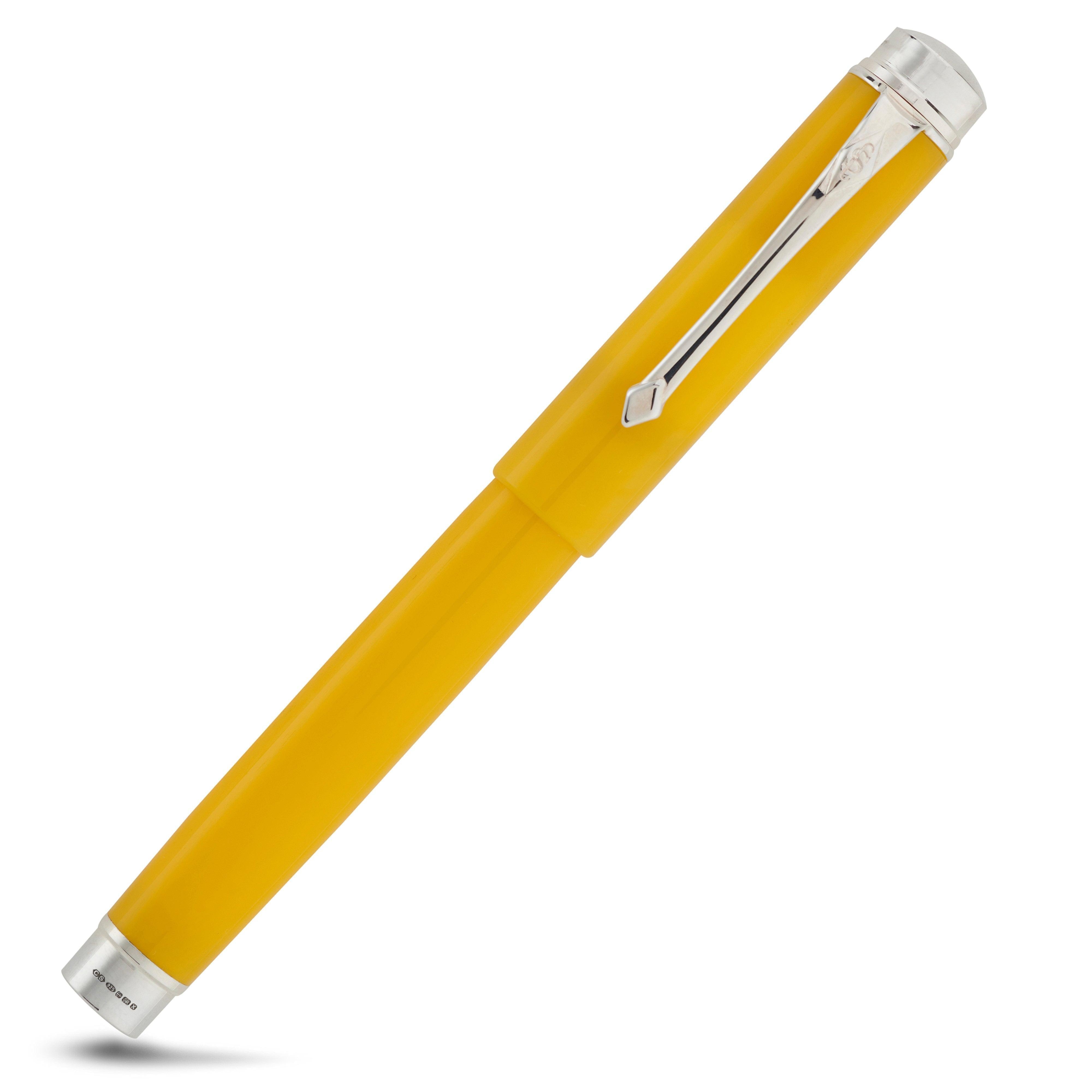 Silvicity Sunrise Yellow rollerball capped, diagonal view showing the coloured barrel and sterling silver clip