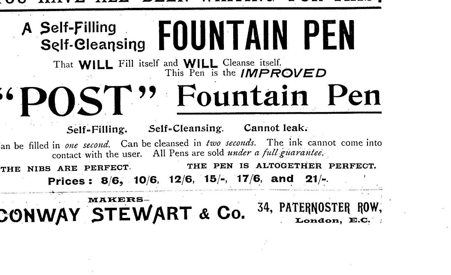 A full-width printed advertisement in heavy Edwardian type reading A Self-Filling Self-Cleansing Fountain Pen, the improved POST Fountain Pen, with a price line and the address 34 Paternoster Row, London, E.C.